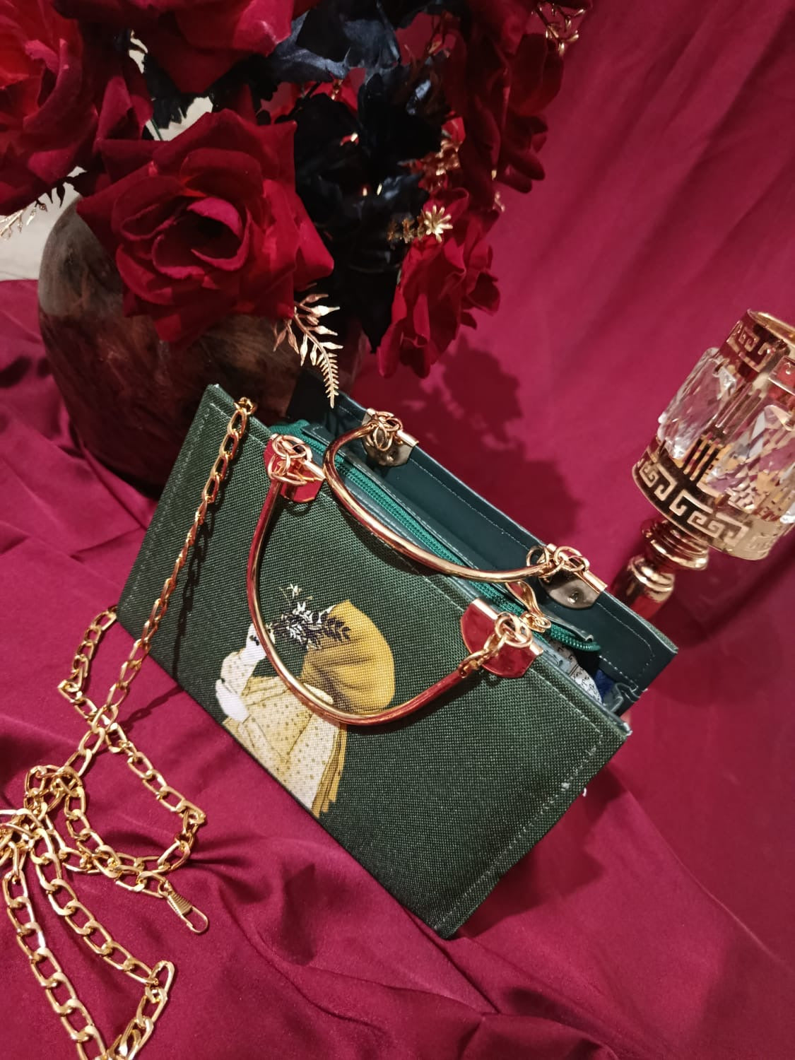Square Woman Art Handbag with Golden Metal Accents