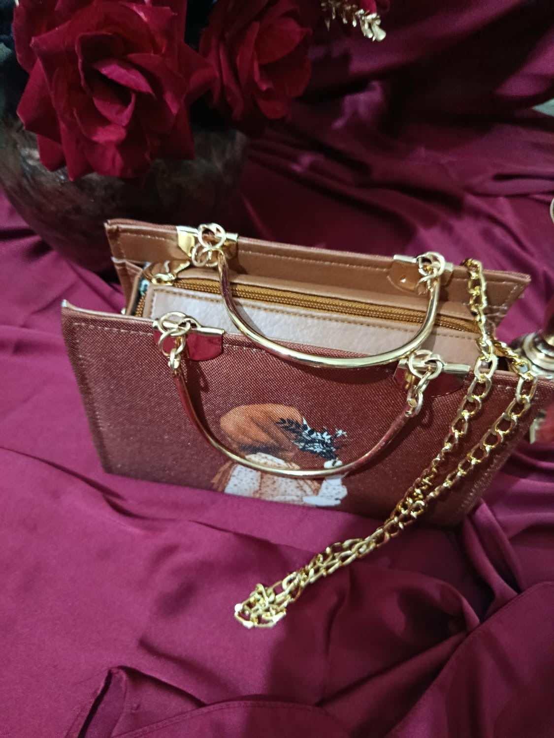 Square Woman Art Handbag with Golden Metal Accents